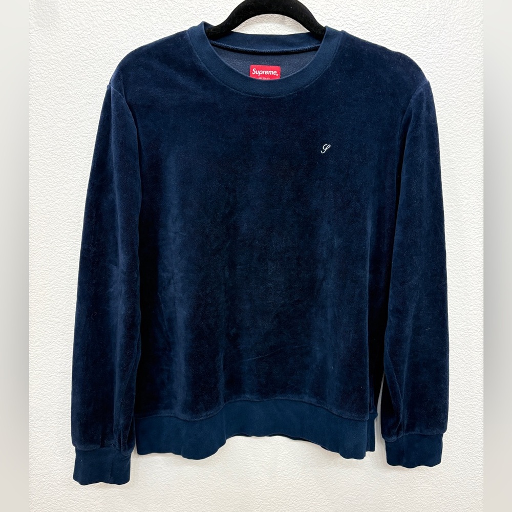 Supreme Navy Blue Velour Crew Neck Long Sleeve Unisex Sweatshirt Mens Size Small